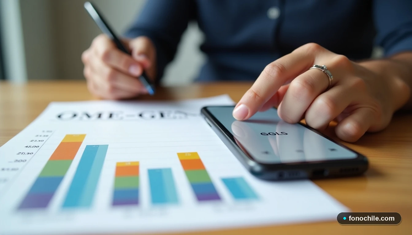 Gráfico abstracto de comparación de precios de planes móviles y un smartphone mostrando señal, concepto de portabilidad y ahorro.