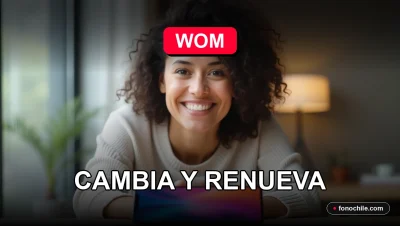 Cliente de WOM sonriendo mientras observa un teléfono inteligente moderno sobre un escritorio, con gráficos abstractos en la pantalla.
