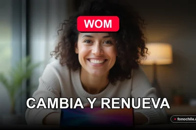 Cliente de WOM sonriendo mientras observa un teléfono inteligente moderno sobre un escritorio, con gráficos abstractos en la pantalla.