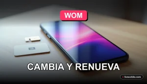Un teléfono inteligente moderno sobre un escritorio de madera clara, mostrando gráficos abstractos de colores en su pantalla, junto a un chip SIM y una tarjeta de portabilidad WOM.