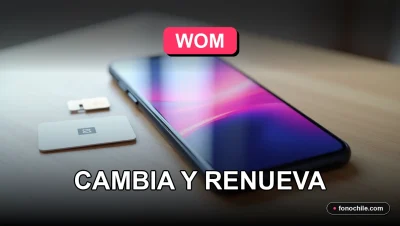 Un teléfono inteligente moderno sobre un escritorio de madera clara, mostrando gráficos abstractos de colores en su pantalla, junto a un chip SIM y una tarjeta de portabilidad WOM.