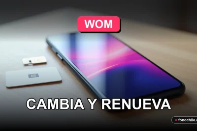 Un teléfono inteligente moderno sobre un escritorio de madera clara, mostrando gráficos abstractos de colores en su pantalla, junto a un chip SIM y una tarjeta de portabilidad WOM.