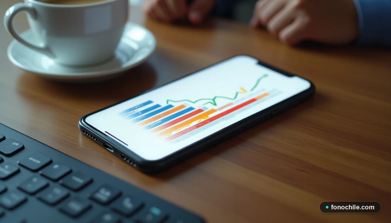 Smartphone mostrando gráficos de crecimiento abstractos sobre portabilidad numérica en Chile.