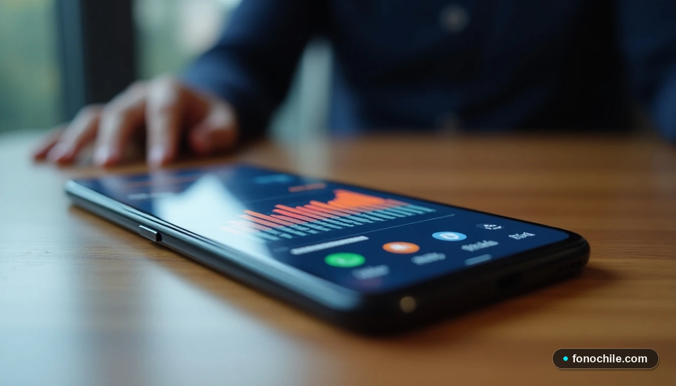Smartphone mostrando gráficos abstractos de datos de red y señal, concepto de portabilidad numérica.