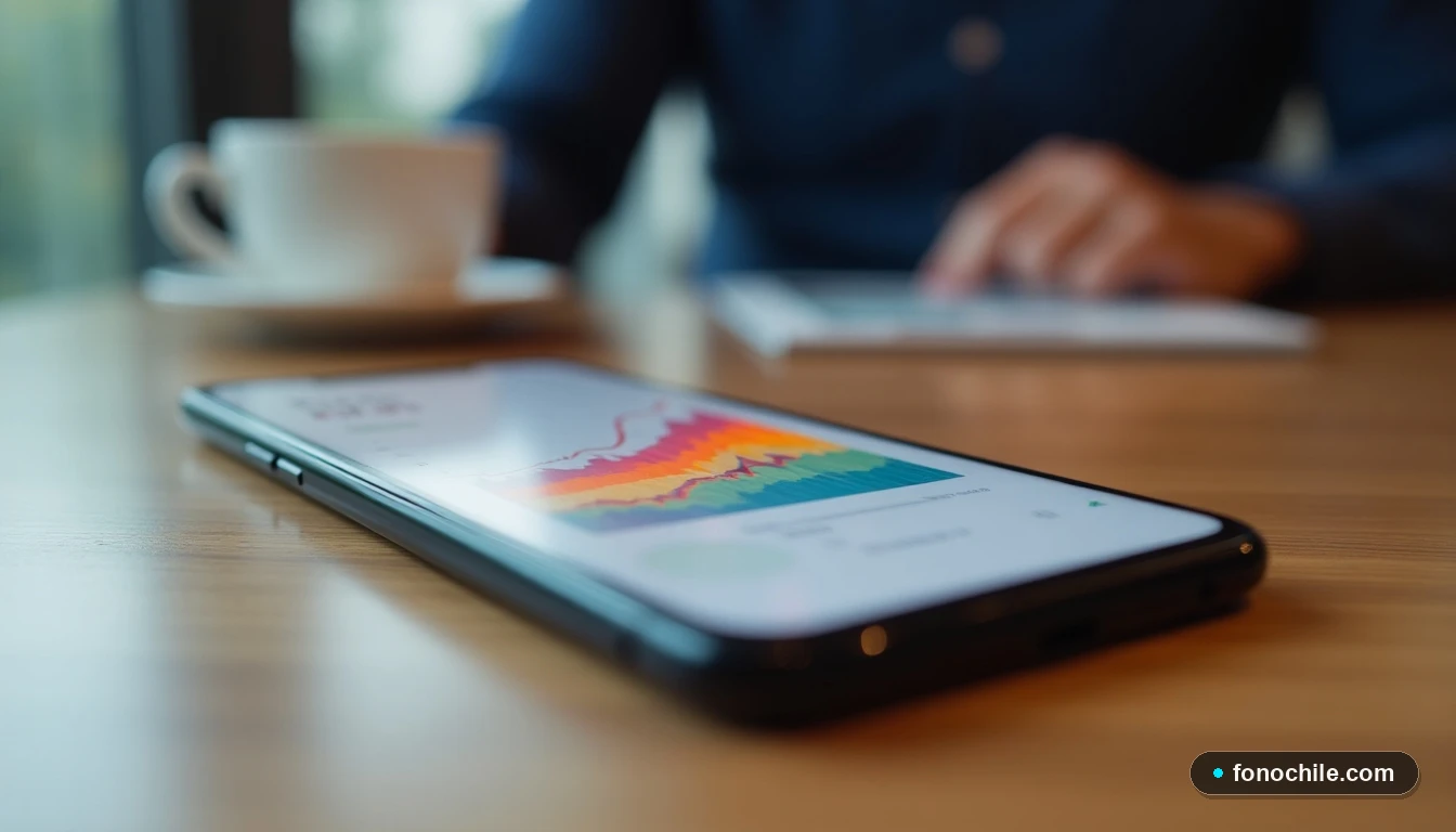 Smartphone mostrando gráficos de crecimiento empresarial sobre un escritorio, concepto de expansión digital.