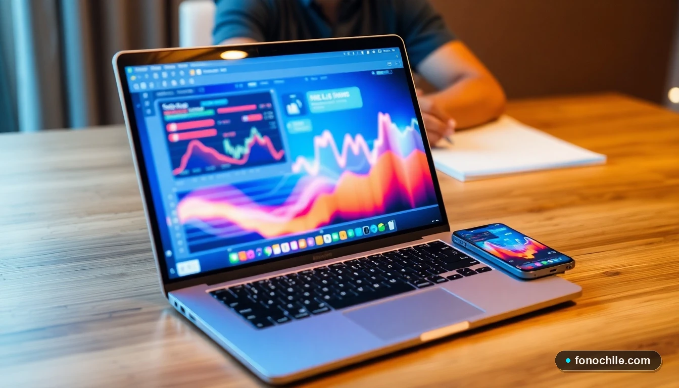 Dispositivos tecnológicos mostrando gráficos abstractos de gestión de datos en un portal de cliente moderno.