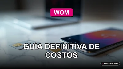 Tarjeta SIM y chip de operador móvil WOM sobre una mesa, mostrando gráficos abstractos de datos en una pantalla de fondo.
