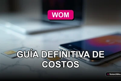 Tarjeta SIM y chip de operador móvil WOM sobre una mesa, mostrando gráficos abstractos de datos en una pantalla de fondo.