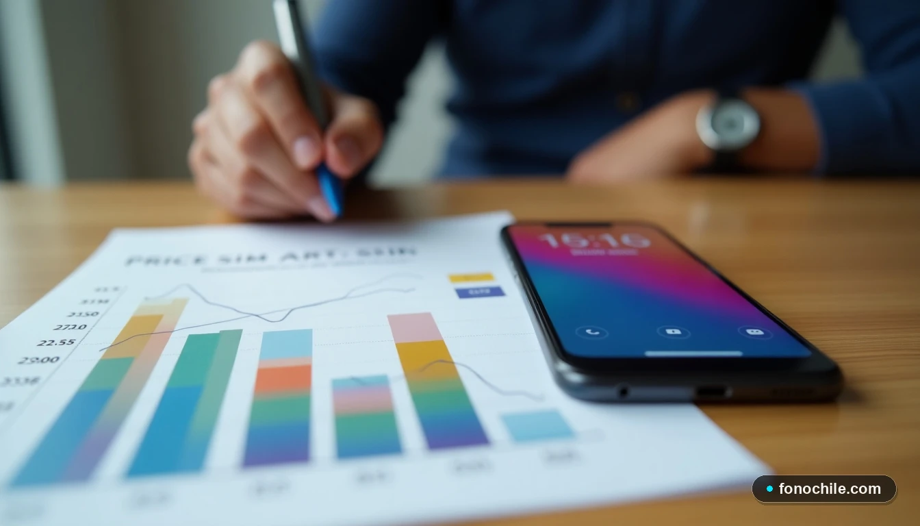 Gráfico abstracto de colores mostrando la evolución de precios de chips móviles en Chile para el año 2026.