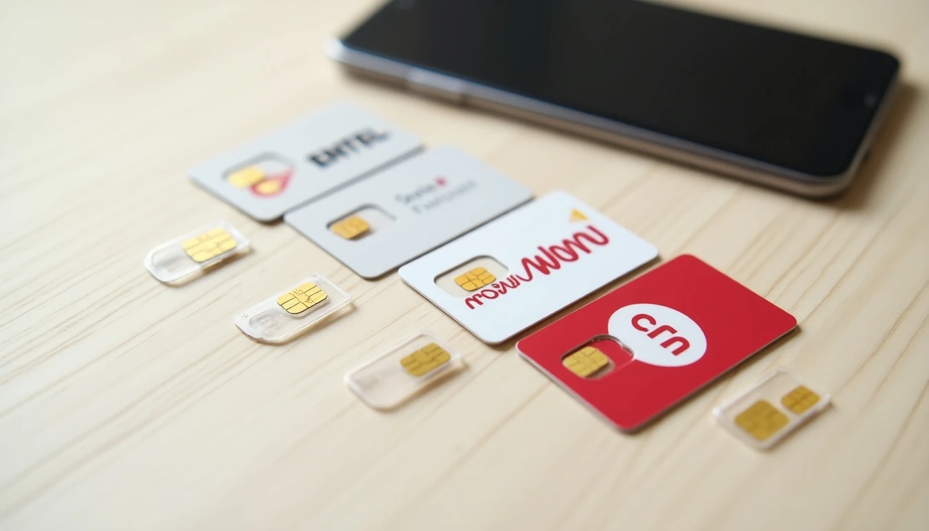 Cuatro chips o tarjetas SIM de operadores chilenos (Entel, Movistar, WOM, Claro) dispuestos sobre una mesa de madera clara.