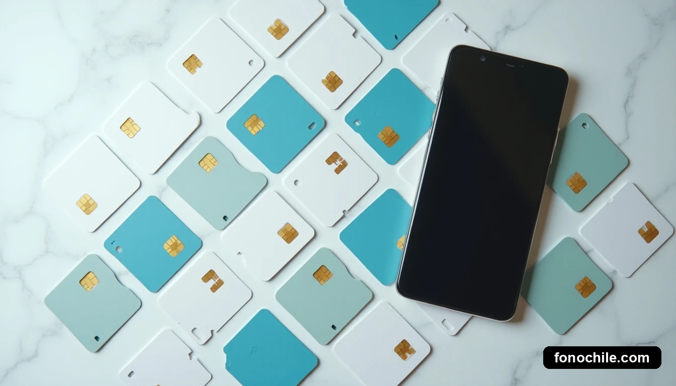 Diseño plano de una colección de chips SIM de varios colores organizados junto a un teléfono inteligente moderno.