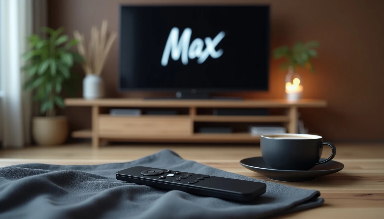 Servicio de streaming Max en televisor moderno con control remoto y café, concepto de entretenimiento en casa
