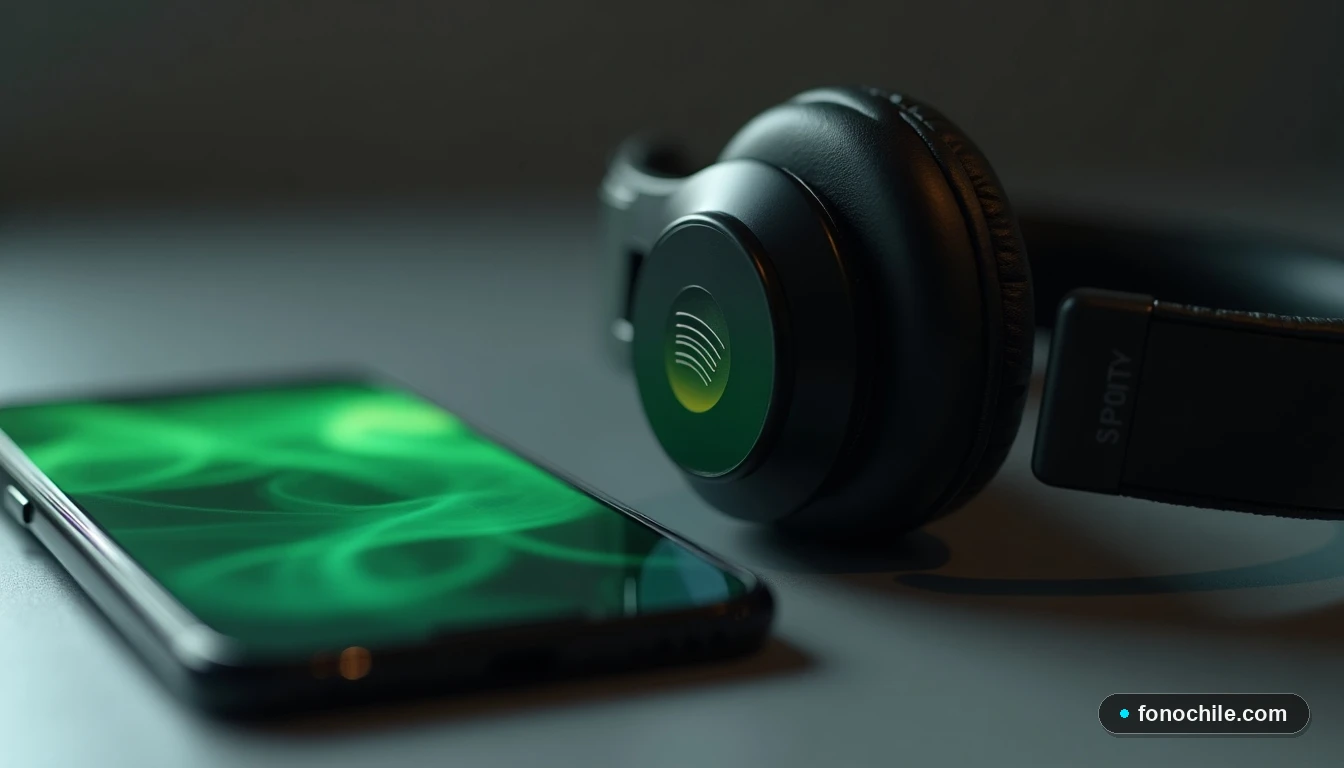 Auriculares inalámbricos de alta calidad junto a un teléfono inteligente en una mesa, con pantalla mostrando un degradado abstracto verde.