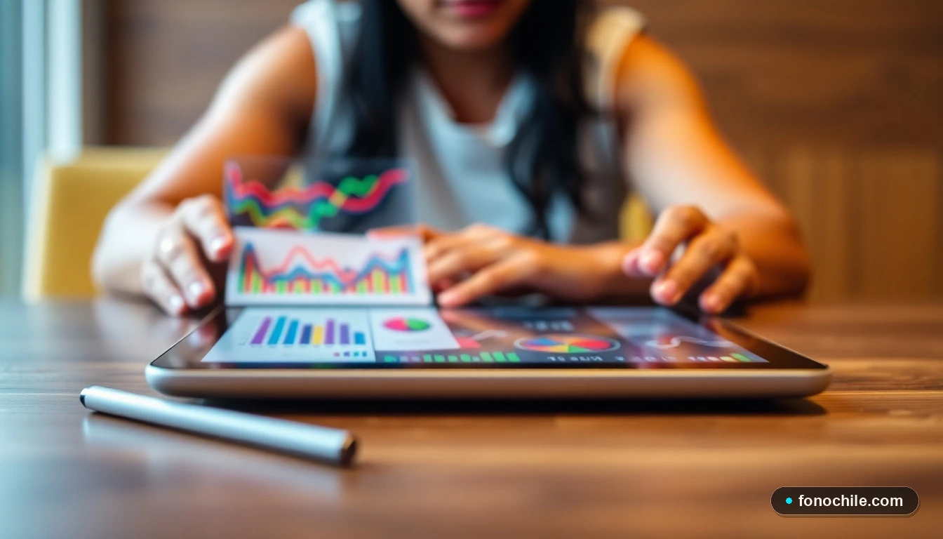 Tablet mostrando gráficos de datos sobre canales de atención al cliente y preguntas frecuentes en Chile.