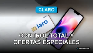 Una tarjeta SIM prepago de Claro sobre una superficie moderna, con un teléfono inteligente mostrando gráficos abstractos de colores.