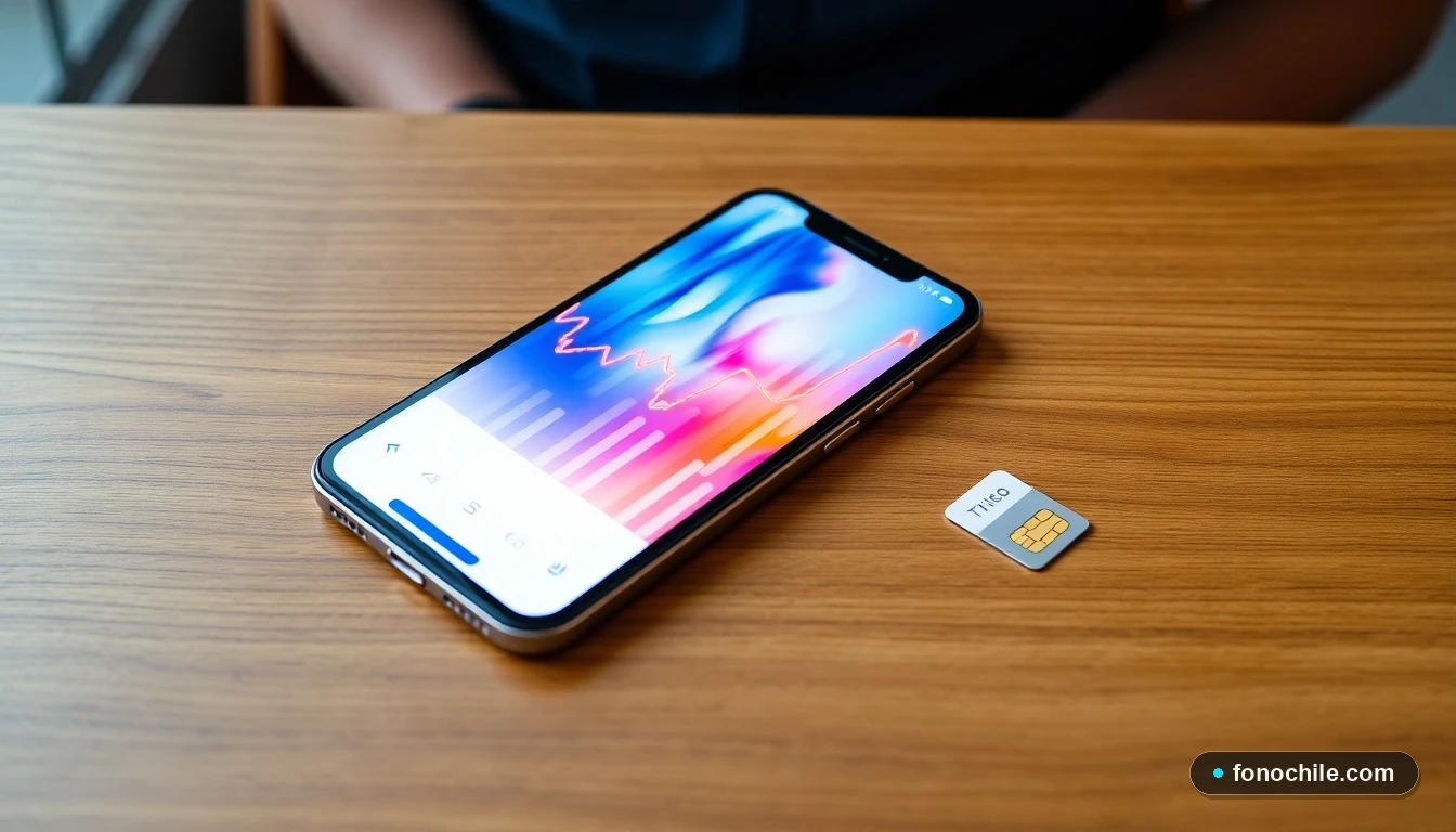 Smartphone mostrando gráficos de datos de consumo móvil junto a una tarjeta SIM sobre una mesa de madera.