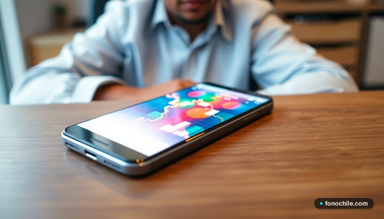 Smartphone mostrando gráfico abstracto de datos sobre gestión de saldo y préstamos móviles en Chile.