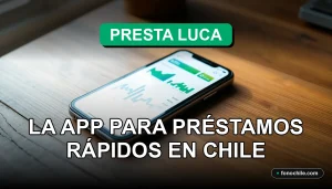 Una aplicación de préstamos rápidos en Chile muestra su interfaz en un teléfono inteligente moderno sobre una mesa de madera.
