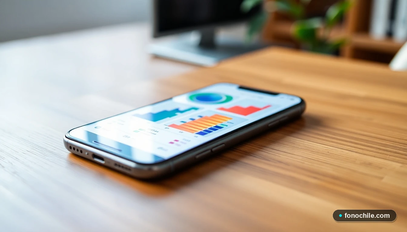 Pantalla de smartphone mostrando gráficos abstractos de colores de una aplicación de servicios financieros en Chile.