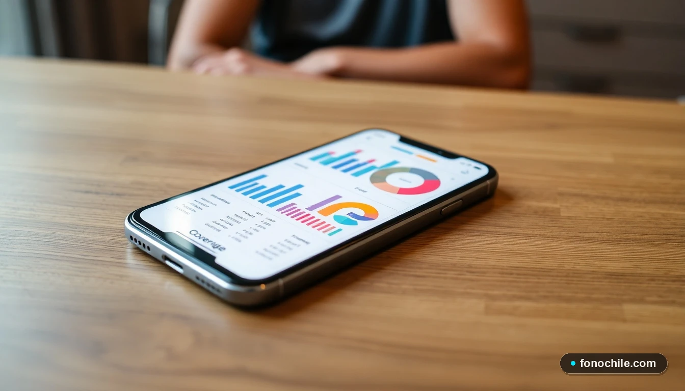 Smartphone mostrando gráficos de colores abstractos sobre coberturas y beneficios de salud de Fonasa.