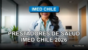 Una doctora de IMED Chile revisa datos de salud en una tablet con gráficos abstractos.