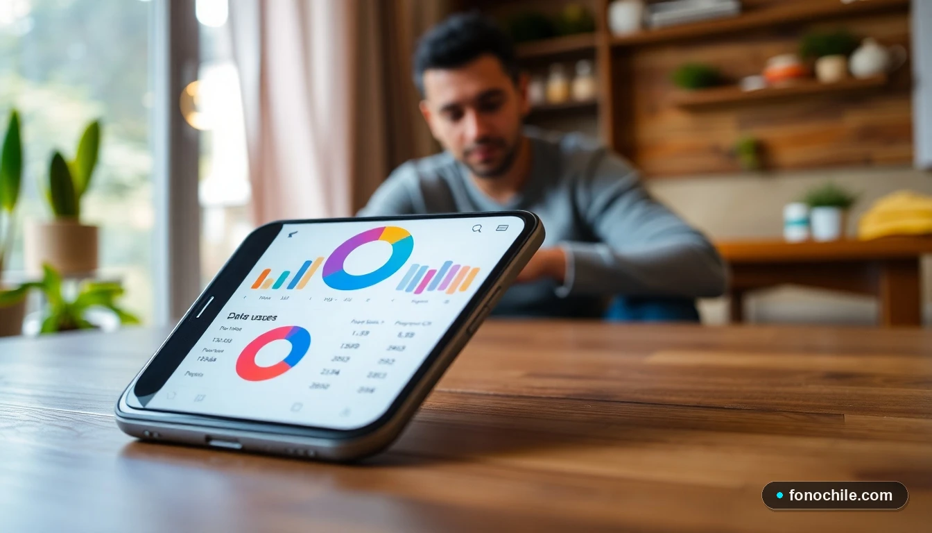 Smartphone mostrando gráficos abstractos de consumo de datos y presupuesto en un entorno hogareño en Chile.