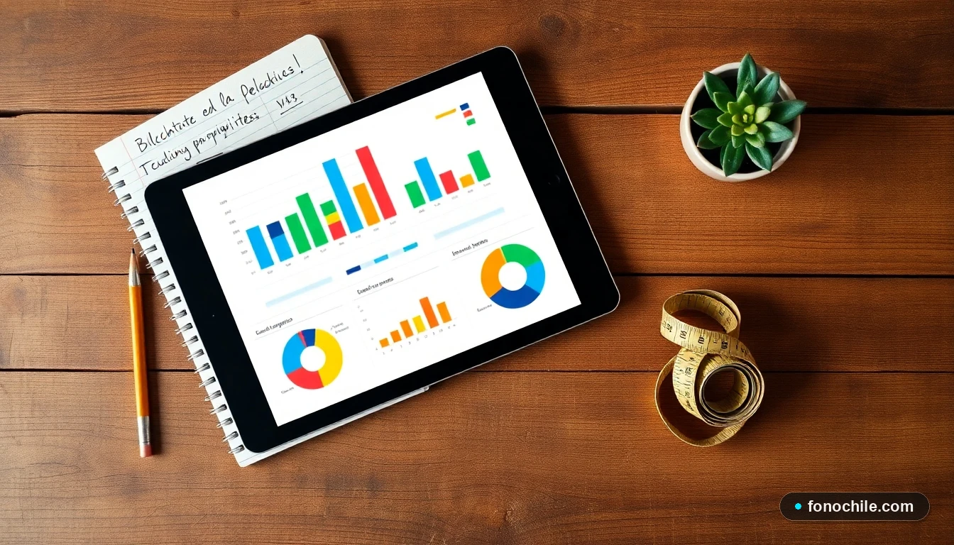 Tablet mostrando gráficos de presupuesto para remodelación del hogar junto a herramientas de planificación sobre una mesa de madera.