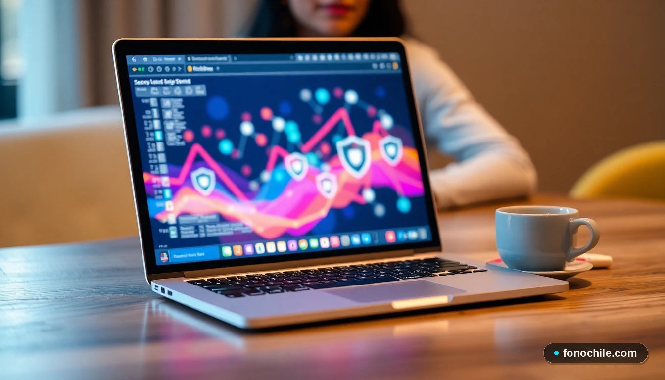 Laptop mostrando un gráfico abstracto de seguridad digital y prevención de ciberataques en un entorno de trabajo.