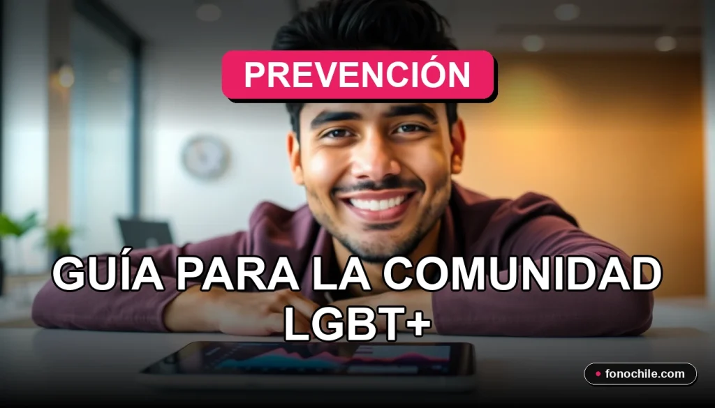 Guía de prevención de enfermedades de transmisión sexual para la comunidad LGBT+ en Chile, mostrando recursos digitales y apoyo comunitario.