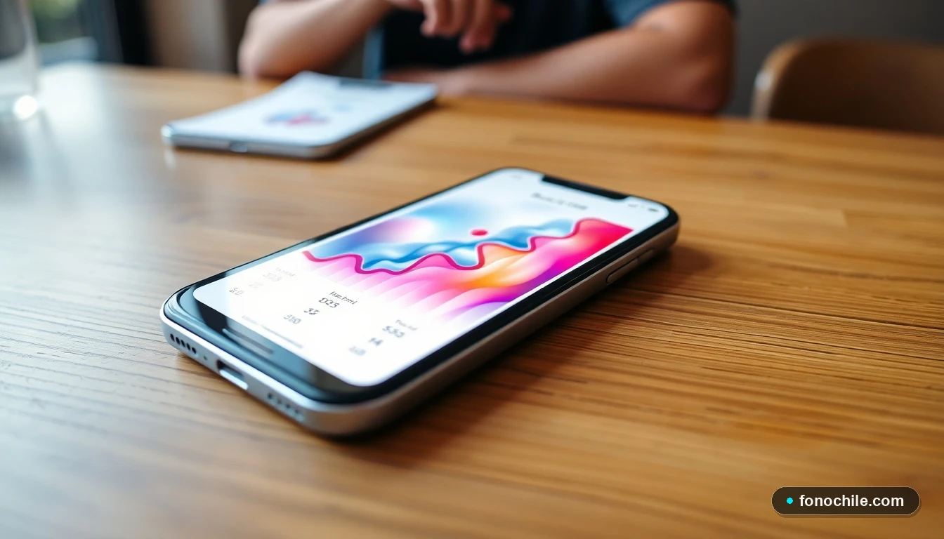 Smartphone mostrando gráficos abstractos de colores sobre datos de salud sexual y tendencias de ETS en Chile.