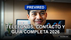 Guía de contacto y servicios de Previred Chile 2026 con gráficos abstractos en pantalla