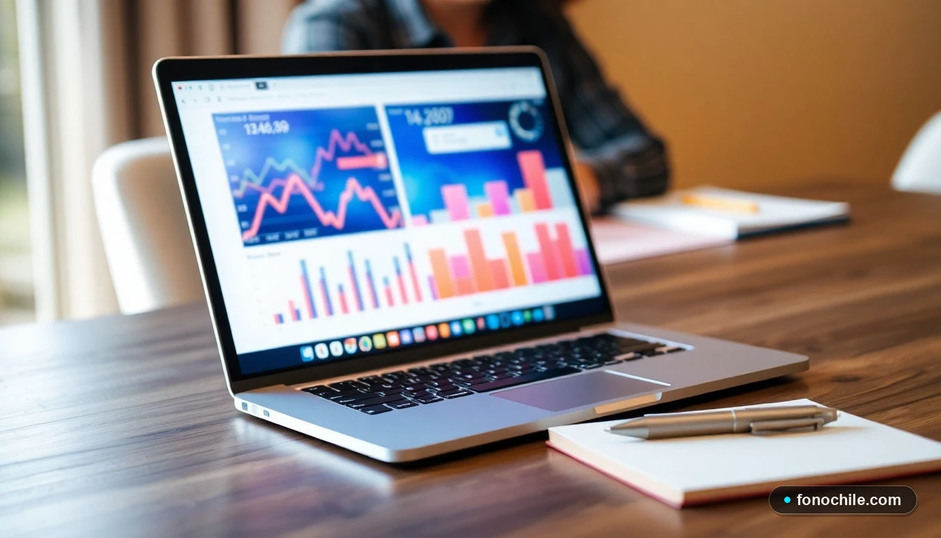 Pantalla de laptop mostrando gráficos abstractos de colores sobre planificación de procesos universitarios en Chile.