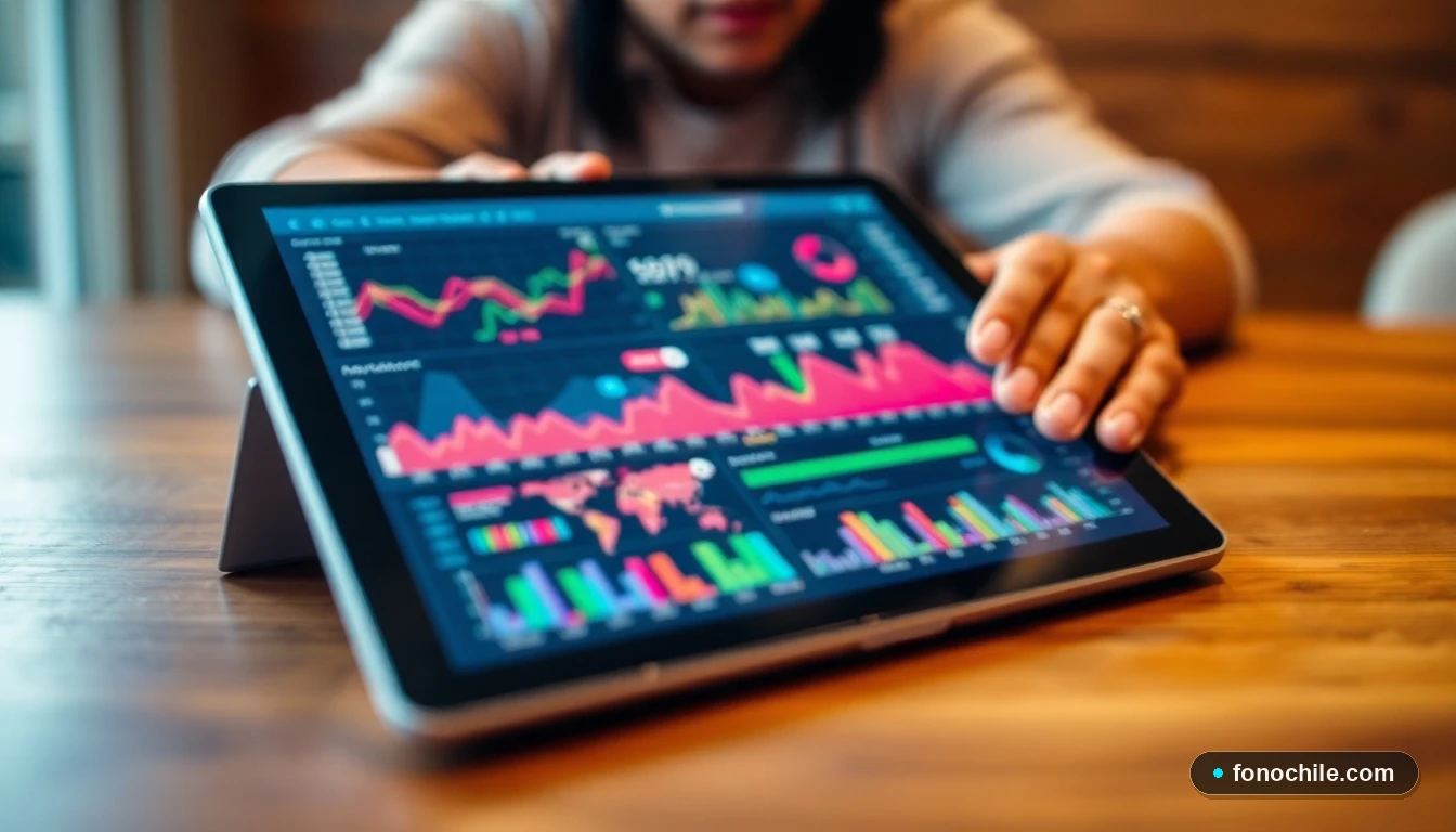 Gráficos abstractos de colores mostrando métricas de calidad de red y procesos de telecomunicaciones en una tablet.