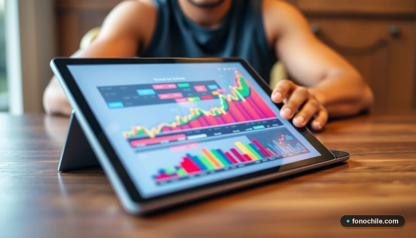 Gráficos abstractos de colores mostrando tendencias de productos financieros en una tablet sobre una mesa de madera.