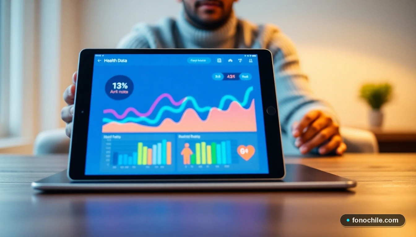 Tableta mostrando gráficos abstractos de colores sobre métricas de salud preventiva y bienestar