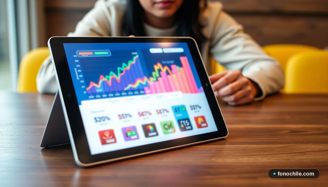 Tablet mostrando gráficos abstractos de descuentos y promociones de telecomunicaciones en un ambiente hogareño.