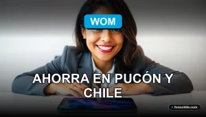 Una mujer latina sonriente, representando el servicio de portabilidad de WOM, con un teléfono inteligente mostrando gráficos abstractos de colores sobre un escritorio.