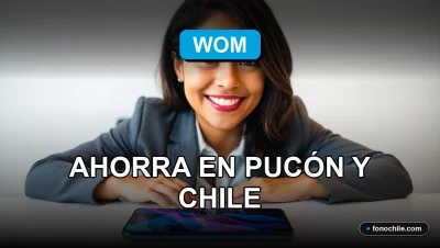 Una mujer latina sonriente, representando el servicio de portabilidad de WOM, con un teléfono inteligente mostrando gráficos abstractos de colores sobre un escritorio.