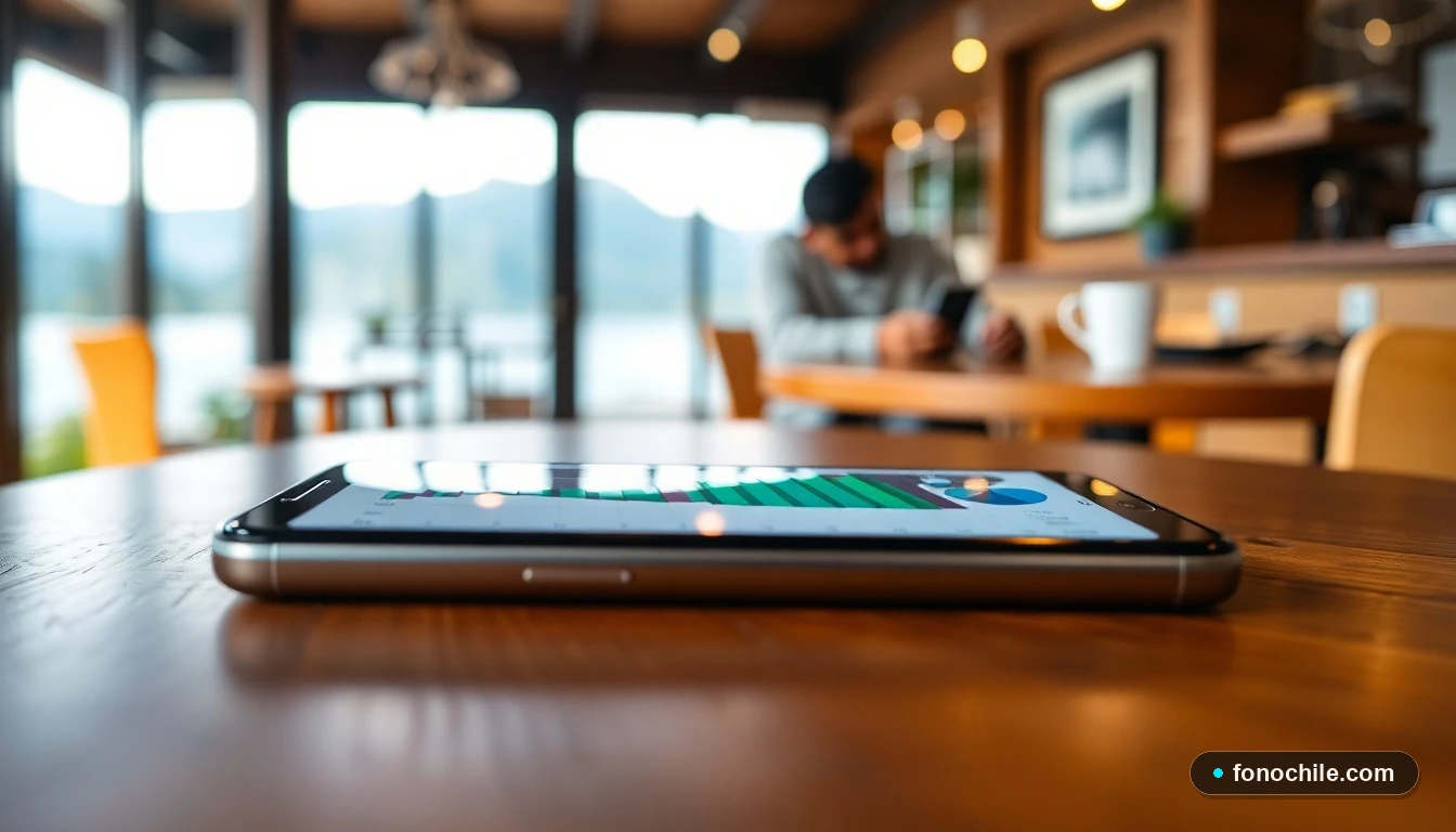 Smartphone mostrando gráficos de beneficios de portabilidad en un entorno relajado con paisaje de fondo.