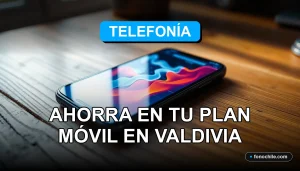 Un teléfono móvil moderno sobre un escritorio de madera, mostrando gráficos abstractos de colores en su pantalla, representando promociones de planes en Valdivia.