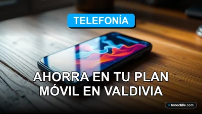 Un teléfono móvil moderno sobre un escritorio de madera, mostrando gráficos abstractos de colores en su pantalla, representando promociones de planes en Valdivia.