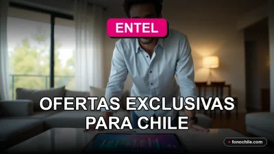 Cliente satisfecho de Entel en su hogar, con dispositivos tecnológicos mostrando gráficos de datos abstractos, representando las promociones exclusivas del 2026.