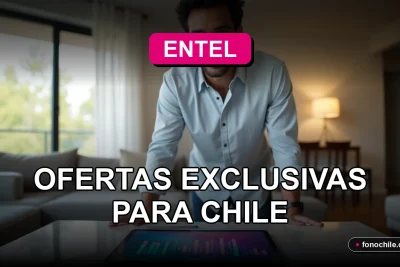 Cliente satisfecho de Entel en su hogar, con dispositivos tecnológicos mostrando gráficos de datos abstractos, representando las promociones exclusivas del 2026.