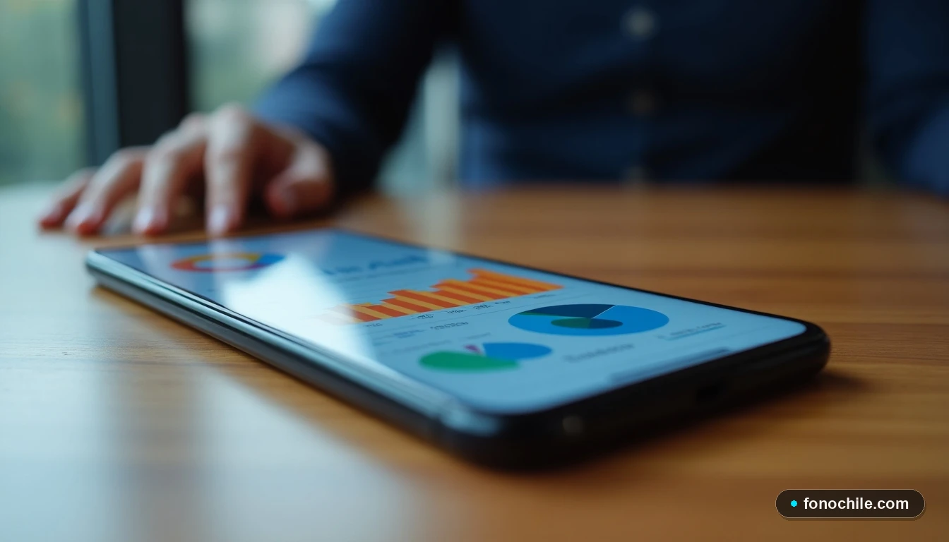 Smartphone mostrando gráficos de análisis de datos de consumo móvil en colores vibrantes sobre una mesa de madera.