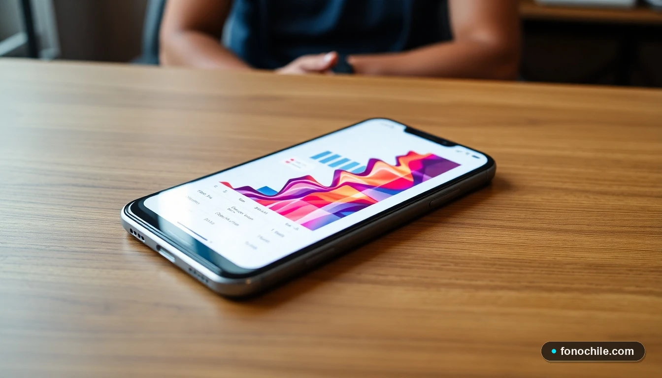 Smartphone mostrando gráficos de datos abstractos y coloridos sobre tendencias en promociones de telecomunicaciones en Chile.