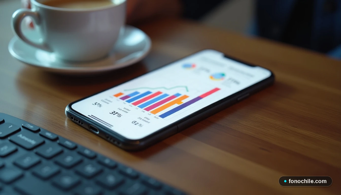 Smartphone mostrando gráficos abstractos de tendencias de datos y promociones en colores vibrantes sobre una mesa de madera.