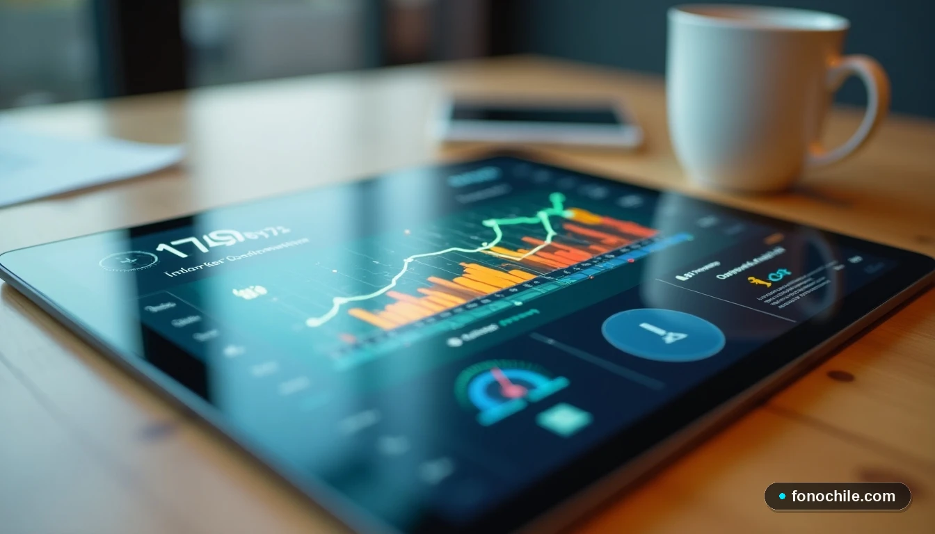 Tableta mostrando gráficos abstractos de velocidad y tendencias de conectividad a internet en colores vibrantes.