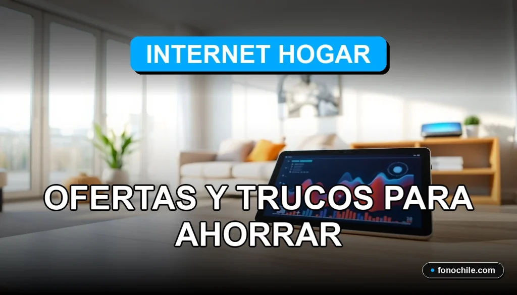 Ofertas de fibra óptica para el hogar con gráficos de velocidad en una tablet, fondo de salón moderno.