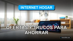 Ofertas de fibra óptica para el hogar con gráficos de velocidad en una tablet, fondo de salón moderno.