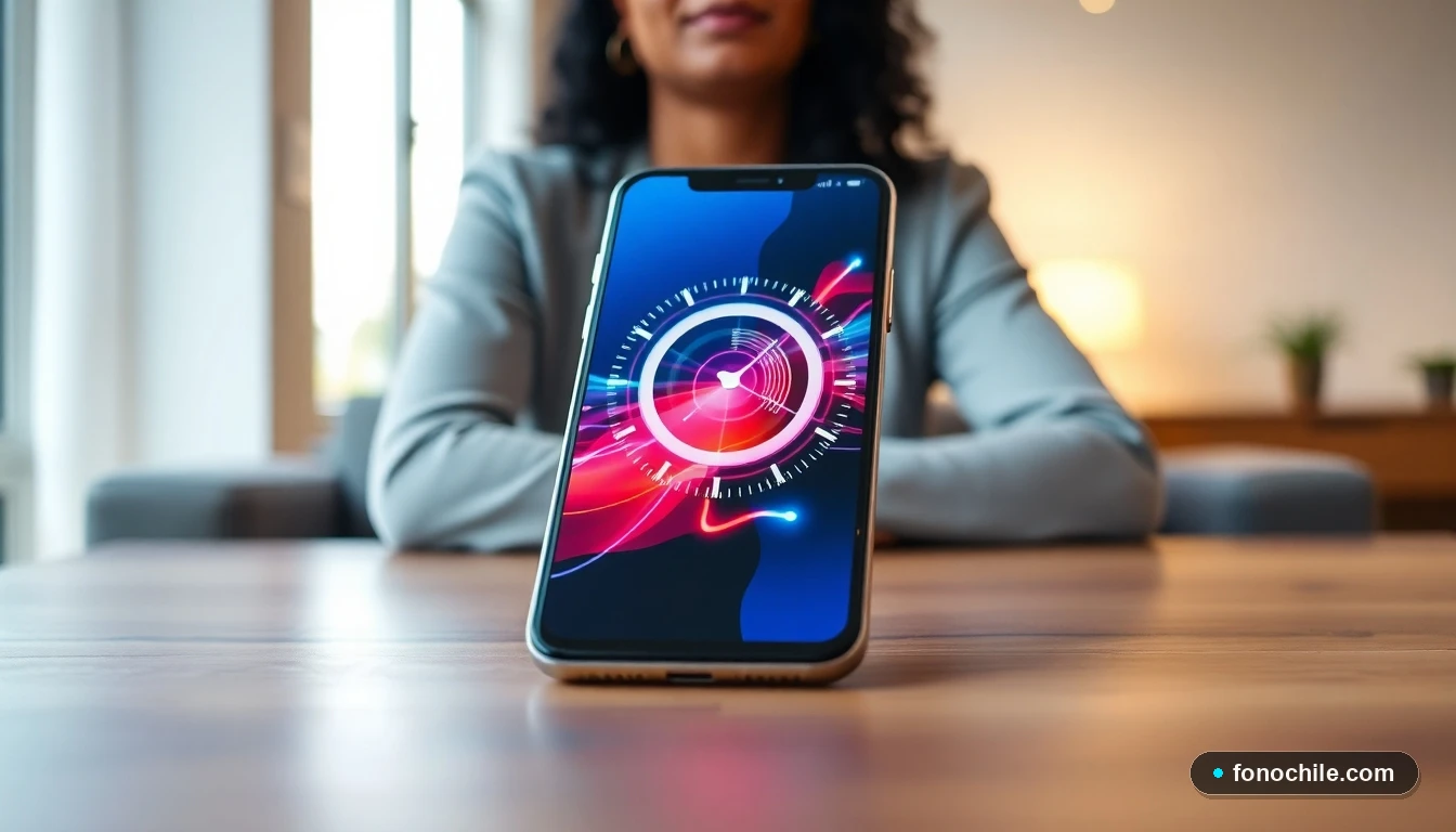 Smartphone mostrando visualización abstracta de alta velocidad de datos en una mesa, representando promociones de internet móvil.